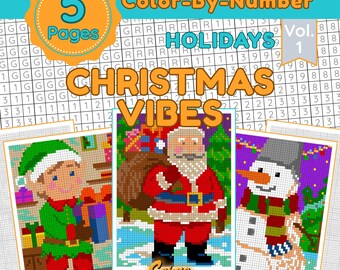 Christmas Vibes Pixel Coloring Pages (Vol.1), Mystery Mosaics Color By Number, Printable PDF Sheets