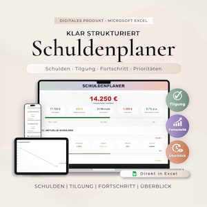 May include: A digital product advertisement for a debt planner in Microsoft Excel. The image shows a laptop, tablet, and smartphone displaying the debt management interface. Text includes "Schuldenplaner" and "Directly in Excel."