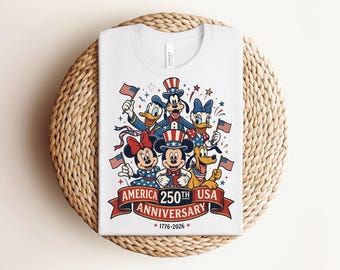 America 250th USA Anniversary Mickey Mouse T-shirt, Patriotic 4th of July Mickey and Friends Flag Graphic, White Independence Day Tee