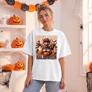 Super Mario Halloween Shirt, Mario in Pumpkin Patch, Spooky Forest Mario Tee, Super Mario Trick or Treat Tee, Orange and Brown Mario Shirt