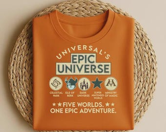 Universal's Epic Universe Retro Theme Park Shirt, Five Worlds Adventure T-shirt