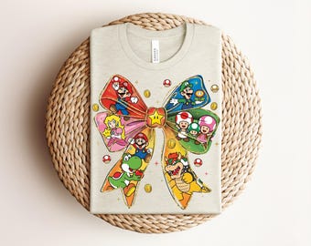 Mario Coquette Bow Shirt, Peach Toad Yoshi Bowser Print, Baby Tee Crop Tank