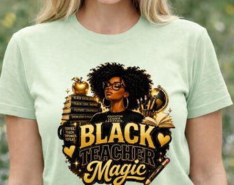 Black Teacher Magic T-shirt, Retro Educator Leader Legend Graphic with Books and Apple, Cute Light Green Teacher Appreciation Gift Tee