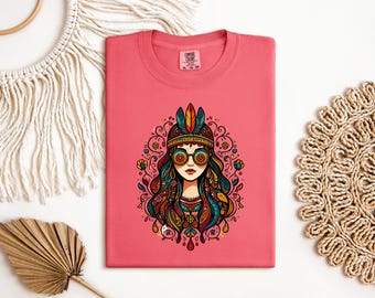 Boho Woman T Shirt, Folk Art Graphic Tee, Comfort Colors Shirt, Hippie Soul Clothing, Festival Top Women, Tribal Style Tee, Vibrant Art