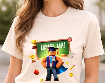 Level Up Roblox Teacher T-shirt, Custom Gamer Educator Graphic with Blackboard and Trophies, Video Game Fan Gift, Natural Cream Tee