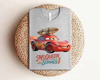 McQueen Summer T-shirt, Retro Lightning McQueen 95 with Surfboard Beach Graphic, Vintage Disney Cars Fan Gift, Heather Athletic Gray Tee