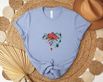 Aesthetic Hands Holding Strawberries Fruit Graphic T-shirt, Vintage Cottagecore Botanical Design, Sweet Summer Berry Garden Lover Gift