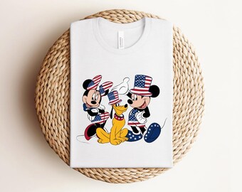 Patriotic Mickey Mouse and Friends 4th of July T-shirt, Cute Mickey Minnie Pluto Stars and Stripes Graphic, White Independence Day Tee