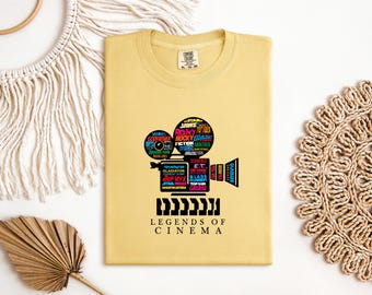 Legends of Cinema T-shirt, Retro Movie Camera Graphic with Classic Film, Comfort Colors White Tee, Best Gift for Movie Lovers and Buffs