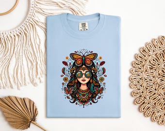 Boho Hippie Woman T-shirt, Retro Butterfly and Flowers Graphic, Artistic Bohemian Soul Sage Green Tee, Nature Inspired Gift for Her