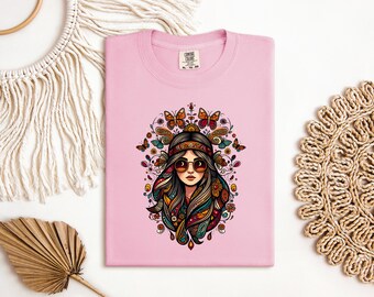 Bohemian Hippie T-shirt, Retro Butterfly Tee, Vintage 70s Graphic Shirt, Aesthetic Boho Style Top