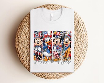 Happy 4th of July Mickey Mouse Panels T-shirt, Patriotic Mickey and Friends Red White and Blue Graphic, True Royal Independence Day Tee
