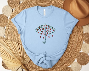 Cute Strawberry Umbrella Fruit Graphic T-shirt, Vintage Cottagecore Botanical Aesthetic Design, Whimsical Summer Berry Garden Lover Gift