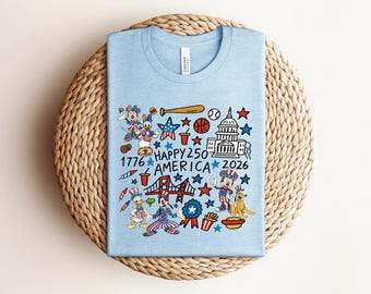 Happy 250 America Mickey Mouse Doodle T-shirt, Patriotic 4th of July Mickey and Friends USA Elements Graphic, White Independence Day Tee
