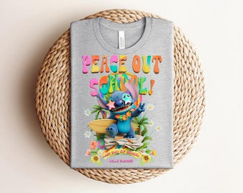Peace Out School Stitch Summer T-shirt, Retro Groovy Rainbow and Surfboard Graphic, Heather Mauve Last Day of School Fan Tee