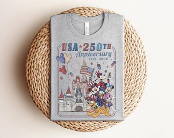 USA 250th Anniversary Mickey Mouse Castle T-shirt, Patriotic 4th of July Mickey and Friends Retro Graphic, Heather Athletic Gray Tee