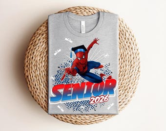 Spiderman Senior 2026 Graduation T-shirt, Class of 2026 Spider-Man Halftone Web Graphic with Cap, Heather Peach Superhero Fan Gift Tee