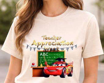 Teacher Appreciation Week T-shirt, Lightning McQueen Classroom Graphic with Blackboard, Disney Cars Fan Gift, Sage Green Educator Tee