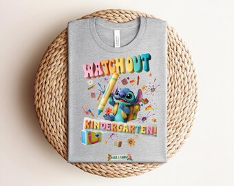 Watch Out Kindergarten Stitch T-shirt, Cute School Graphic with Big Crayon and Backpack, Pink Kids First Day of School Fan Tee
