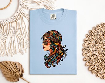 Boho Hippie T Shirt, Retro 70s Woman Tee, Bohemian Zentangle Art, Comfort Colors Shirt, Aesthetic Girl Gift, Psychedelic Graphic Tee