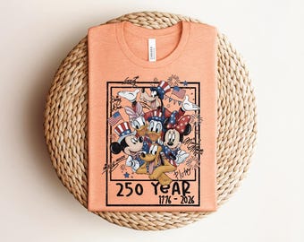 Disney Mickey and Friends 250 Year USA Celebration T-shirt, Patriotic 4th of July Autograph Polaroid Graphic, White Independence Day Tee
