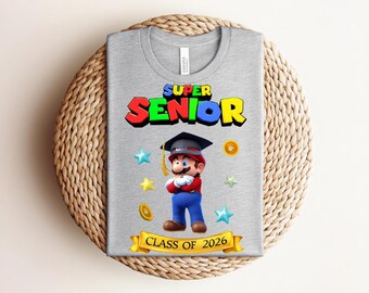 Super Senior Class of 2026 Graduation T-shirt, Cute Mario Style Graphic with Cap and Coins, Red Video Game Gamer Fan Gift Tee