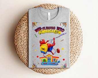 Web-Slinging Into Kindergarten T-shirt, Spiderman Style School Graphic with Backpack and Crayons, Columbia Blue Superhero Kids Tee