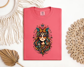 Boho Hippie Woman T-shirt, Retro Butterfly and Flowers Graphic, Artistic Bohemian Soul Comfort Colors Bay Tee, Nature Inspired Gift for Her