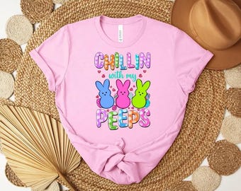 Chillin With My Peeps Easter Bunny T-Shirt, Marshmallow Graphic Top