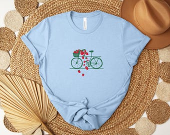 Cute Strawberry Basket Bicycle Fruit Graphic T-shirt, Vintage Cottagecore Botanical Aesthetic Design, Sweet Summer Berry Garden Lover Gift