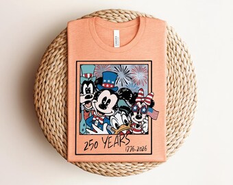 Disney Mickey and Friends 250 Years USA Celebration T-shirt, Patriotic 4th of July Polaroid Fireworks Graphic, Heather Athletic Gray Tee