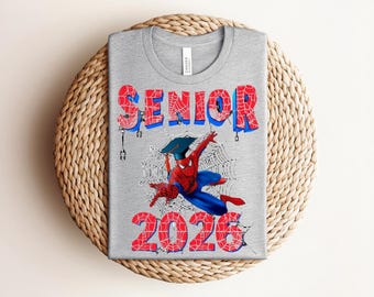 Spiderman Senior 2026 Graduation T-shirt, Class of 2026 Spider-Man Web Graphic with Cap, Columbia Blue Superhero Fan Gift Tee