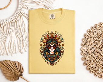 Comfort Colors Tee, Boho Sun Goddess, Celestial Woman Shirt, Psychedelic Hippie, Festival Graphic Tee, Aesthetic Indie Top