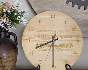 He Restores My Soul Wood Wall Clock, Psalm 23 laser engraved, farmhouse decor, personalized gift, Father's Day Gift, Wedding Present