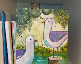 Acrylschilderij zeemeeuw: kunst kinderkamer aan de kust op canvas
