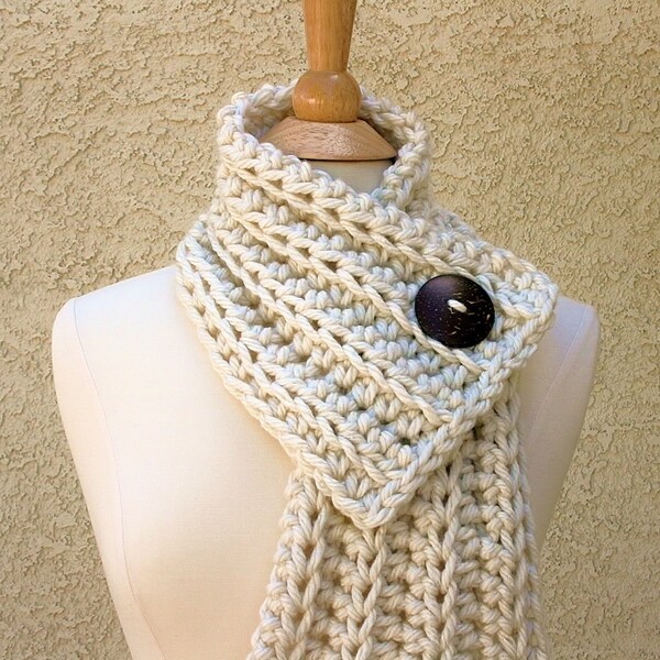 WEST BAY SCARF  - Warm, soft & stylish scarf with large brown coconut button - Cream