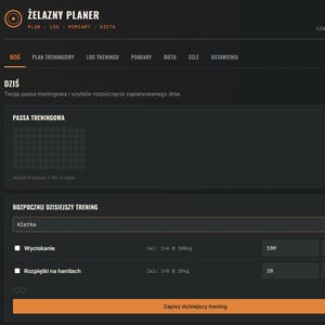May include: A digital fitness tracking interface titled Żelazny Planer with a dark theme. The dashboard displays sections for training streaks, daily workout plans including chest exercises like bench press and dumbbell flyes, and input fields.