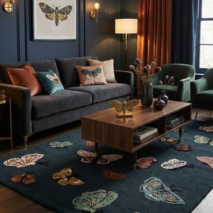 May include: A living room scene featuring a dark gray sofa with butterfly-themed throw pillows. A dark blue rug with butterfly designs complements the decor. A wooden coffee table holds a butterfly sculpture. The walls are dark blue.