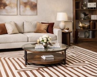 Modern Minimalist Home Hand Tufted Beige & Brown Geometric Wool Area Rug | Neutral Maze Line Pattern | Custom made to order sizes available