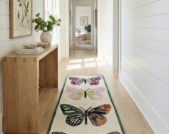Hand Tufted Butterflies, Anthropologie Inspired Premium Wool Runner, Living Room, Bedroom, Kitchen & Dining, Soft underfoot NZ wool runner