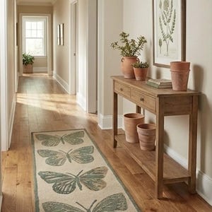 May include: A hallway with wooden flooring and a runner rug with butterfly patterns. A wooden console table displays potted plants and decorative items. The walls are painted a neutral colour, and the space is well-lit.