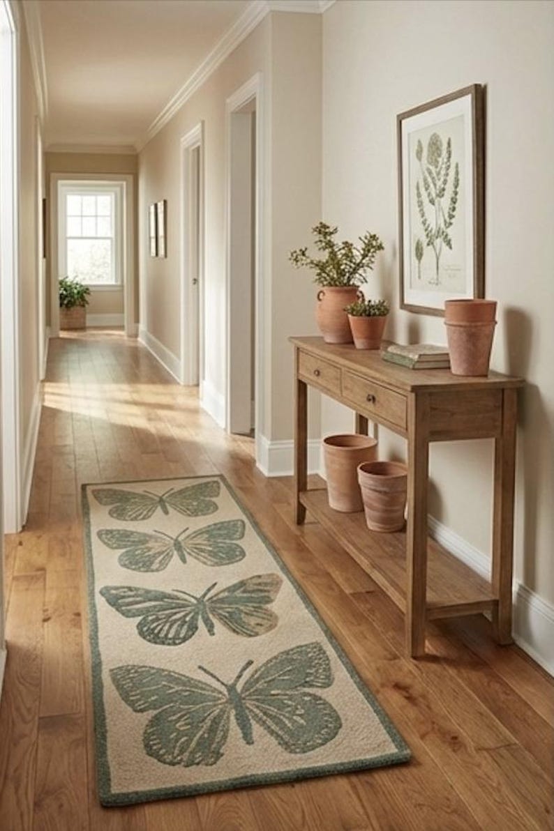 May include: A hallway with wooden flooring and a runner rug with butterfly patterns. A wooden console table displays potted plants and decorative items. The walls are painted a neutral colour, and the space is well-lit.