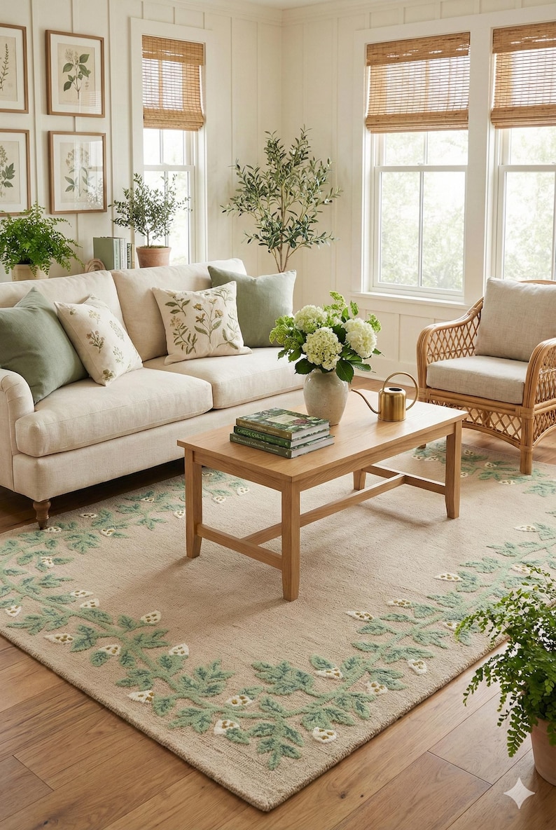 May include: A comfortable living room setting featuring a cream sofa, green and floral cushions, and a wooden coffee table. A beige rug with a green floral border adds to the room's natural feel. Botanical prints in frames decorate the wall.