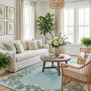 May include: A living room scene featuring a light blue rug with a floral border. The room includes a cream sofa with floral cushions, wooden chairs, and a round coffee table. A woven pendant light hangs from the ceiling.