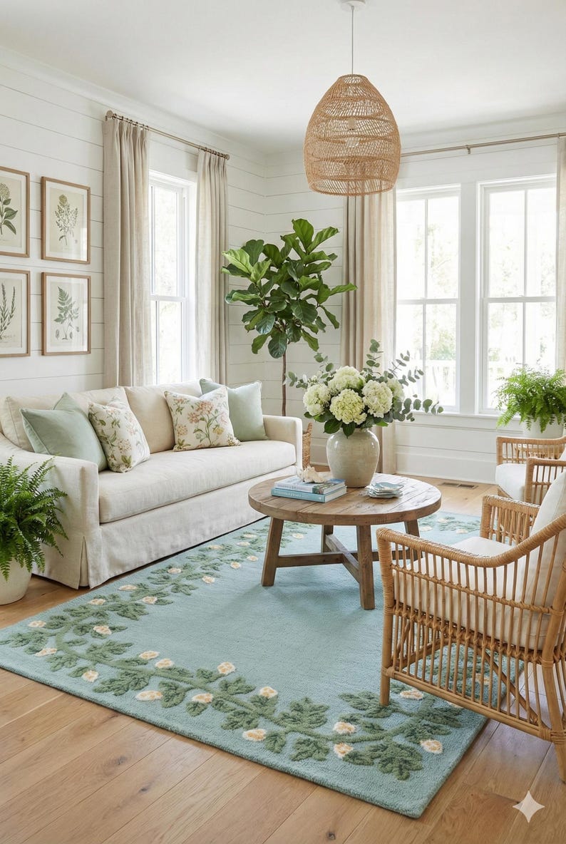 May include: A living room scene featuring a light blue rug with a floral border. The room includes a cream sofa with floral cushions, wooden chairs, and a round coffee table. A woven pendant light hangs from the ceiling.