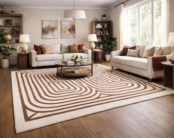 Modern Minimalist Home Hand Tufted Beige & Brown Geometric Wool Area Rug | Neutral Maze Line Pattern | Custom made to order sizes available