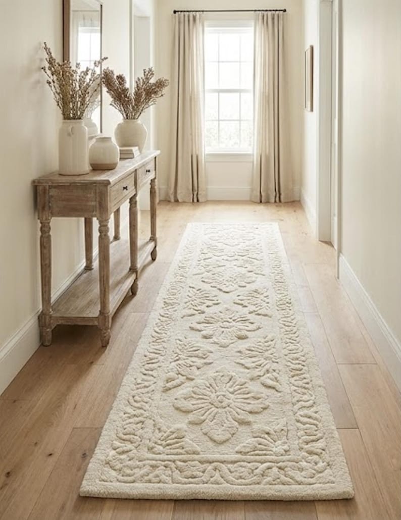 Puede incluir: Un pasillo con una alfombra crema con estampado floral sobre un suelo de madera clara. La alfombra conduce a una ventana con cortinas crema. A la izquierda hay una consola de madera con jarrones y plantas secas. El dise&ntilde;o de la alfombra es visible.