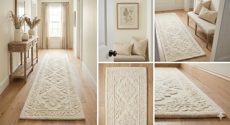 Puede incluir: Alfombra de pasillo rectangular color crema con un patr&oacute;n floral. La alfombra est&aacute; colocada en un pasillo con pisos de madera. El dise&ntilde;o de la alfombra presenta motivos florales en relieve y una superficie texturizada, agregando elegancia.