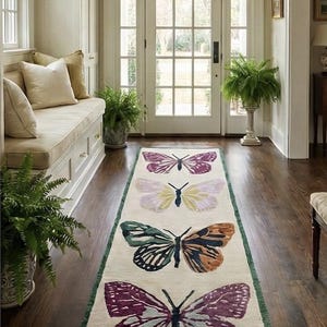 May include: A cream-coloured rectangular rug with a green border, featuring four large butterfly designs in purple, green, orange, and yellow. The rug is placed on a dark wood floor in a well-lit hallway, creating a decorative accent.
