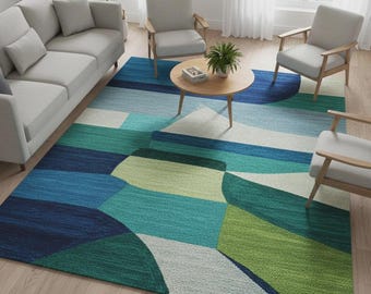 Tapis en laine tufté à la main, bleu-vert, motif géométrique abstrait, velours doux en laine